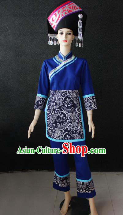 Chinese Traditional Zhuang Nationality Blue Clothing Ethnic Folk Dance Costume for Women