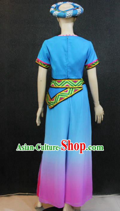 Chinese Traditional Zhuang Nationality Female Blue Dress Ethnic Folk Dance Costume for Women