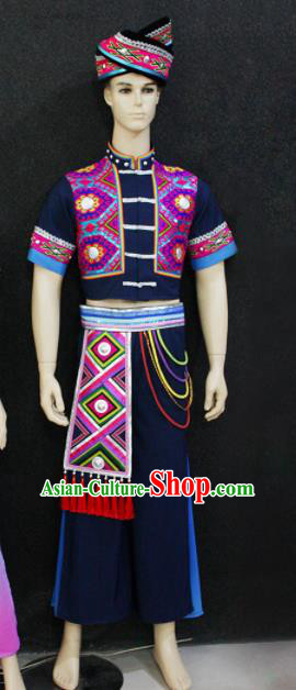 Chinese Traditional Ethnic Folk Dance Navy Costume Zhuang Nationality Festival Clothing for Men