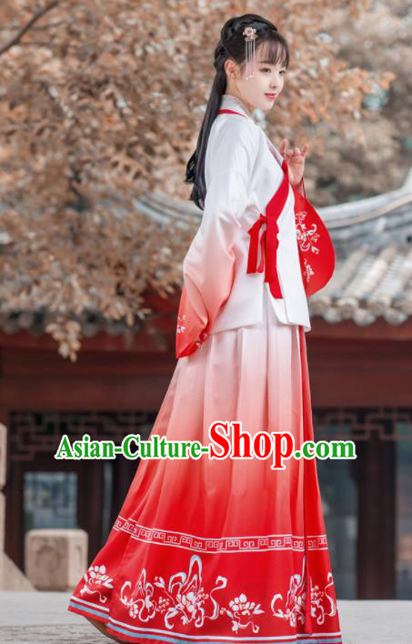 Traditional Chinese Ming Dynasty Historical Costume Ancient Young Lady Red Hanfu Dress for Women