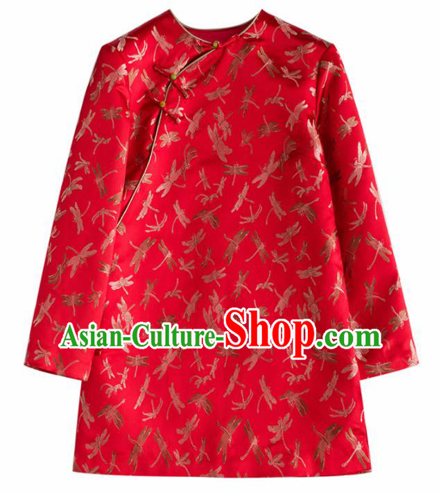 Chinese Traditional National Costume Tang Suit Red Brocade Jacket Upper Outer Garment for Women