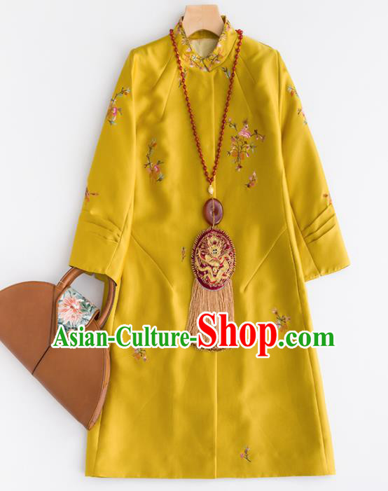 Chinese Traditional National Costume Tang Suit Yellow Dust Coat Embroidered Upper Outer Garment for Women