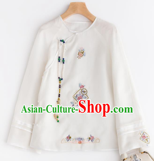 Chinese Traditional National Costume Tang Suit Embroidered White Blouse Upper Outer Garment for Women