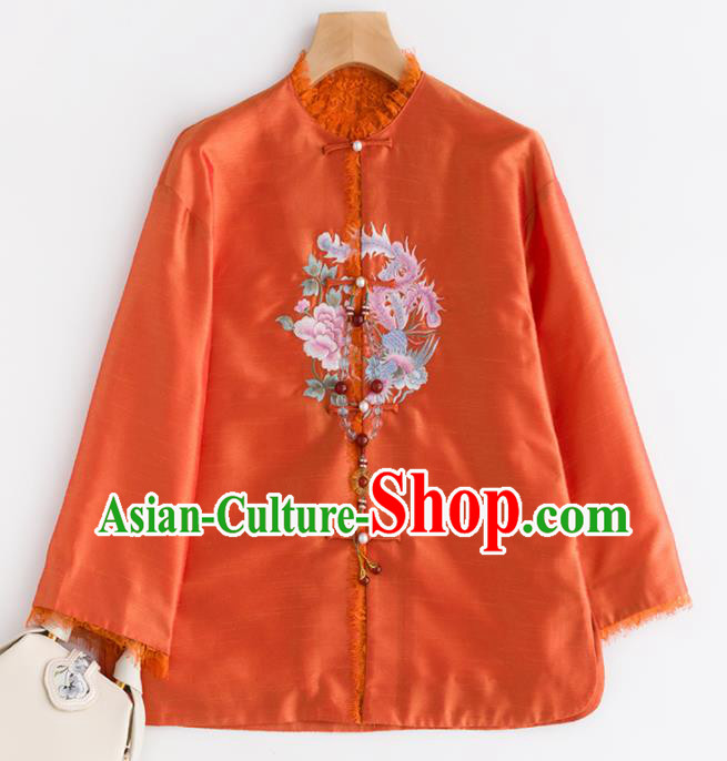 Chinese Traditional National Costume Tang Suit Upper Outer Garment Embroidered Orange Jacket for Women