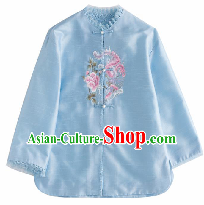 Chinese Traditional National Costume Tang Suit Upper Outer Garment Embroidered Blue Jacket for Women