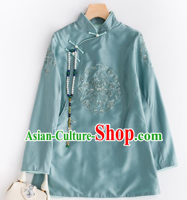 Chinese Traditional National Costume Tang Suit Upper Outer Garment Embroidered Blue Blouse for Women