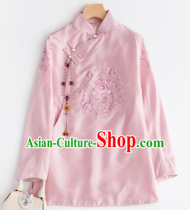 Chinese Traditional National Costume Tang Suit Upper Outer Garment Embroidered Pink Blouse for Women