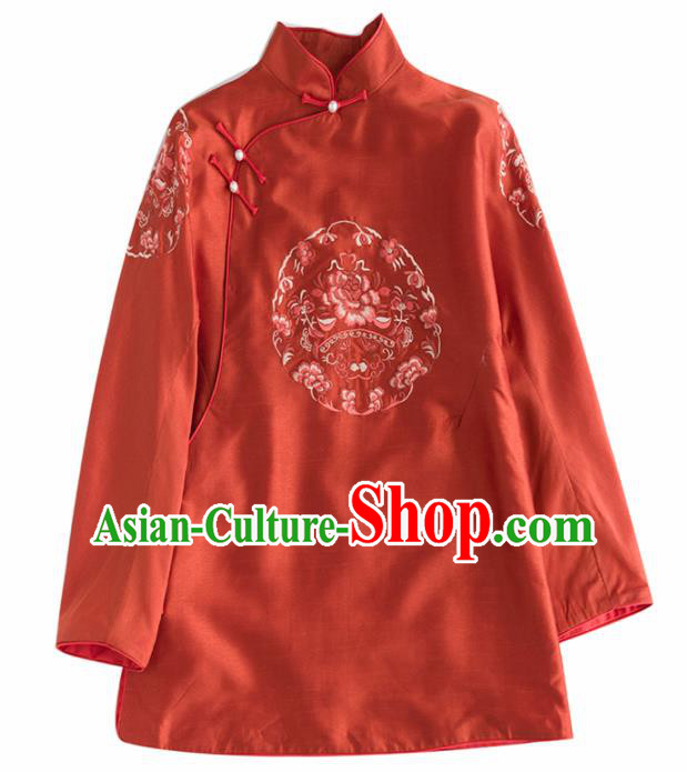 Chinese Traditional National Costume Tang Suit Upper Outer Garment Embroidered Red Blouse for Women