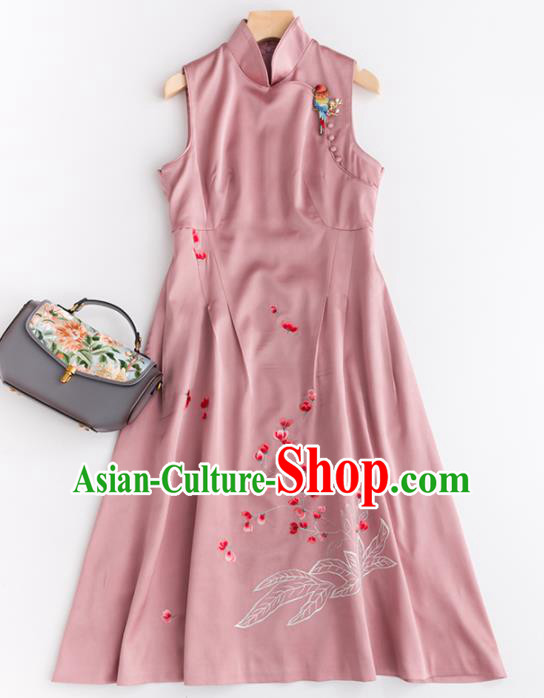 Chinese Traditional National Costume Tang Suit Pink Silk Cheongsam Embroidered Qipao Dress for Women