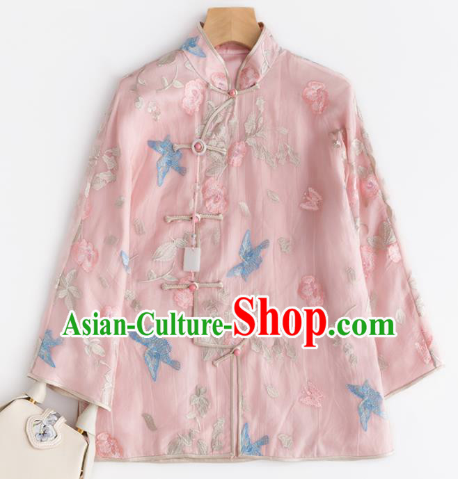 Chinese Traditional National Costume Tang Suit Upper Outer Garment Embroidered Pink Blouse for Women