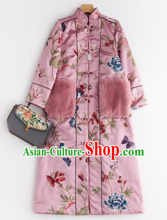 Chinese Traditional National Winter Costume Tang Suit Upper Outer Garment Embroidered Pink Coat for Women
