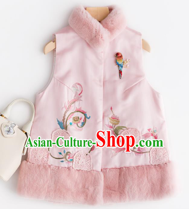 Traditional Chinese National Costume Tang Suit Pink Wool Waistcoat Upper Outer Garment for Women