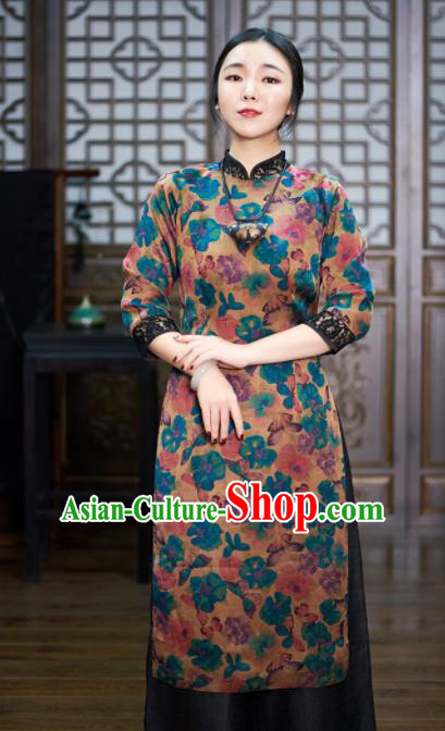 Chinese Traditional National Costume Tang Suit Printing Cheongsam Qipao Dress for Women