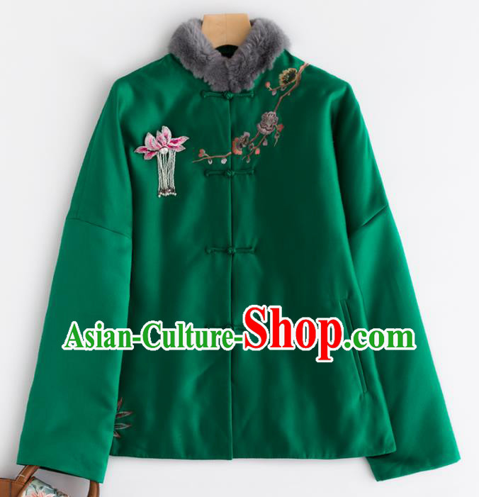 Chinese Traditional Tang Suit Green Cotton Wadded Jacket National Costume Upper Outer Garment for Women