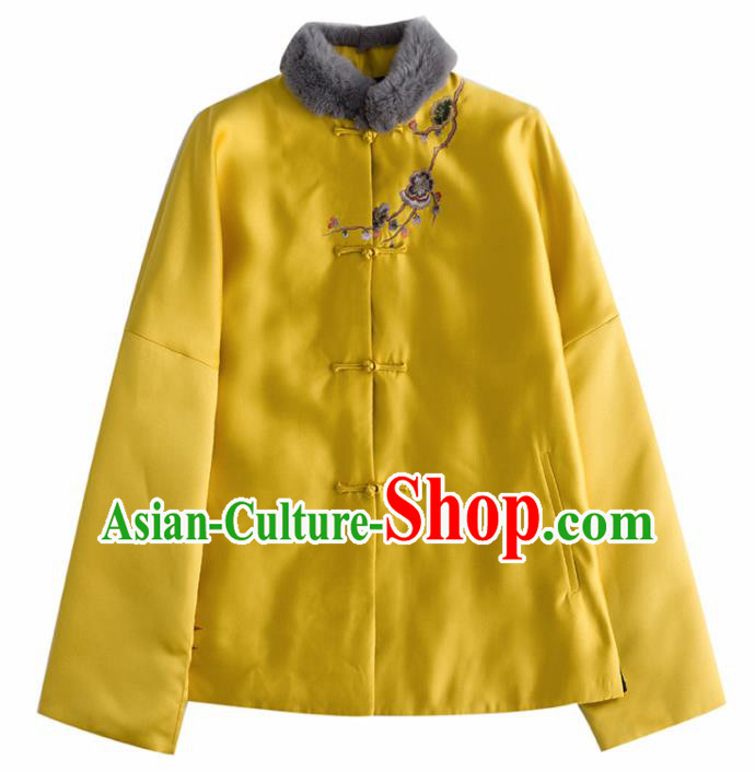 Chinese Traditional Tang Suit Yellow Cotton Wadded Jacket National Costume Upper Outer Garment for Women