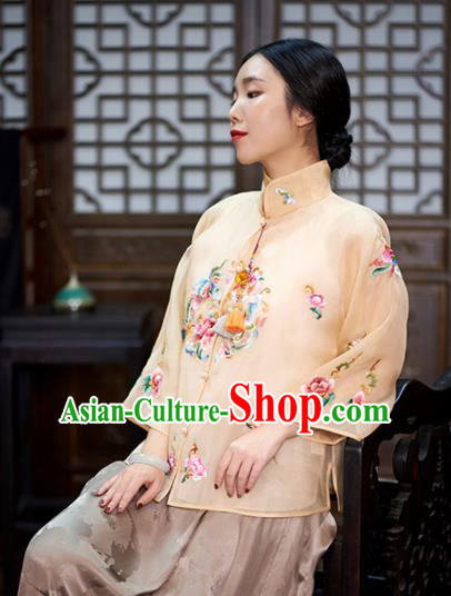Chinese Traditional Tang Suit Embroidered Beige Silk Blouse National Costume Upper Outer Garment for Women
