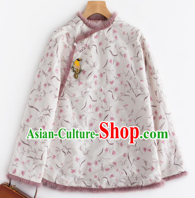Chinese Traditional Tang Suit White Cotton Padded Jacket National Costume Upper Outer Garment for Women