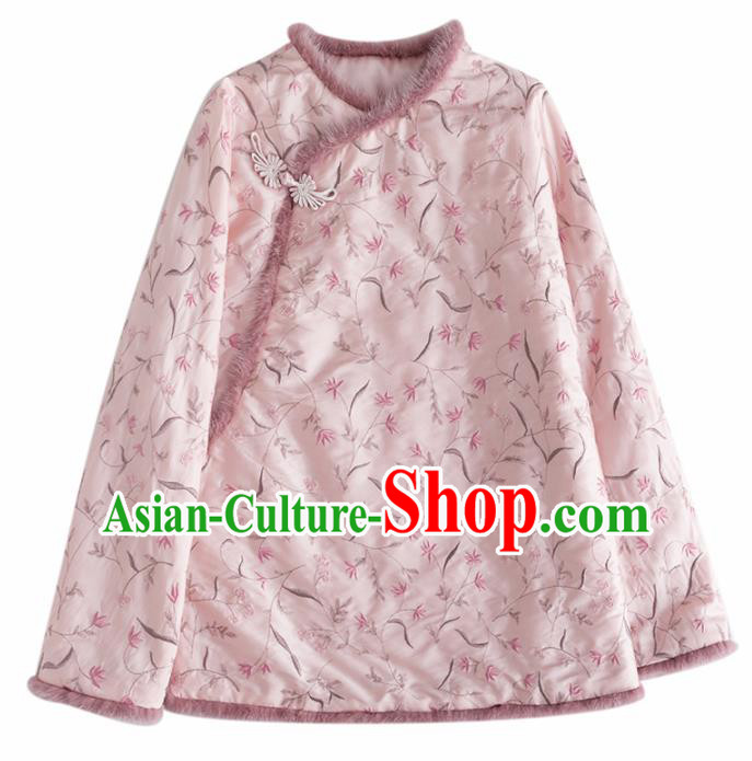 Chinese Traditional Tang Suit Pink Cotton Padded Jacket National Costume Upper Outer Garment for Women