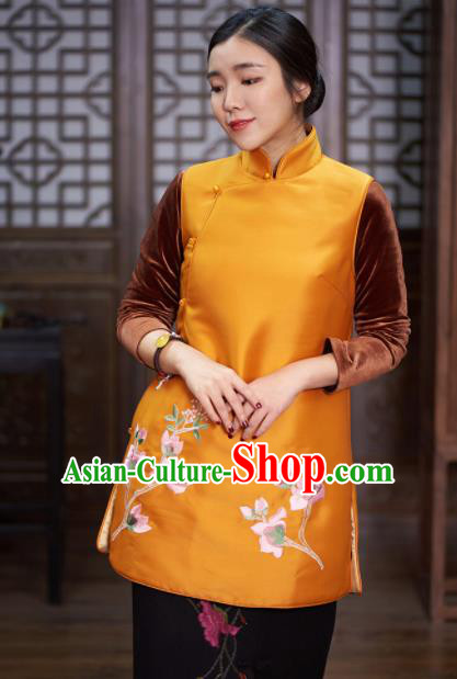 Traditional Chinese National Costume Tang Suit Embroidered Magnolia Yellow Waistcoat for Women