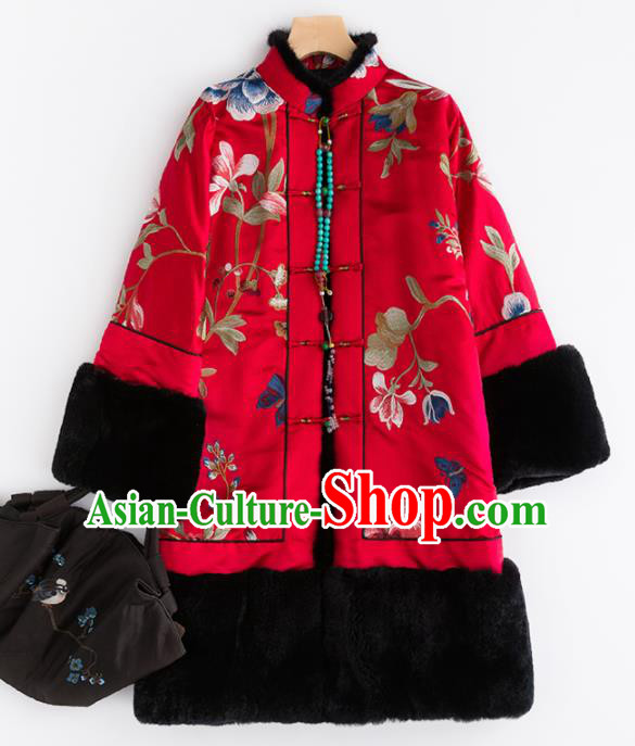 Chinese Traditional Tang Suit Red Cotton Padded Coat National Costume Upper Outer Garment for Women