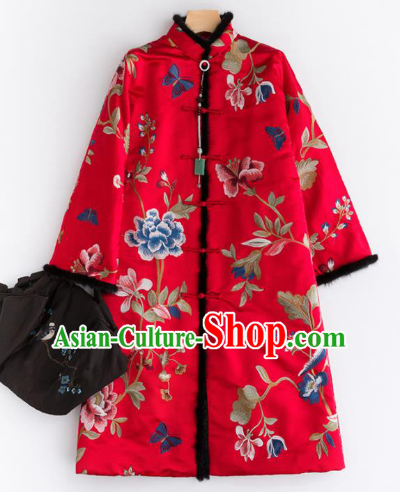 Chinese Traditional Tang Suit Red Satin Cotton Padded Coat National Costume Upper Outer Garment for Women