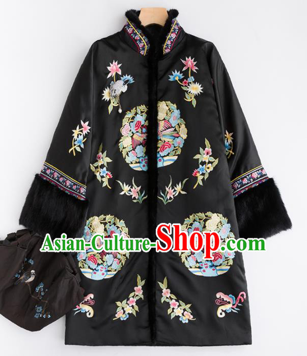 Chinese Traditional Tang Suit Black Cotton Padded Coat National Costume Upper Outer Garment for Women