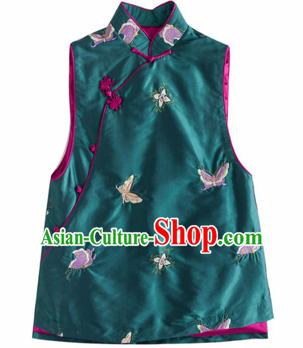 Traditional Chinese National Costume Tang Suit Embroidered Butterfly Green Waistcoat for Women
