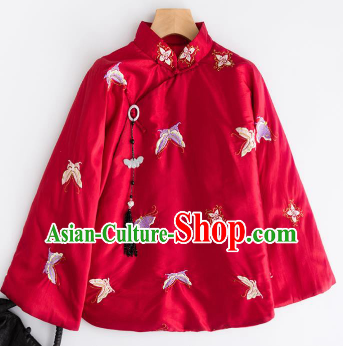 Chinese Traditional Tang Suit Embroidered Butterfly Red Cotton Padded Jacket National Costume Outer Garment for Women