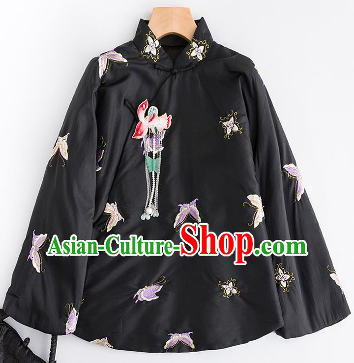 Chinese Traditional Tang Suit Embroidered Butterfly Black Cotton Padded Jacket National Costume Outer Garment for Women