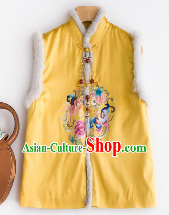 Traditional Chinese National Costume Tang Suit Embroidered Peony Yellow Waistcoat for Women