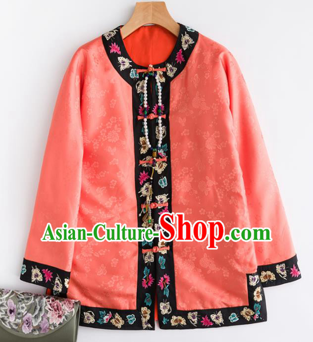 Chinese Traditional Costume National Tang Suit Watermelon Red Blouse Outer Garment for Women