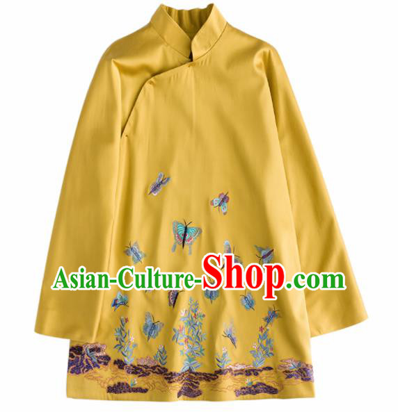 Chinese Traditional Costume National Tang Suit Embroidered Yellow Blouse Upper Outer Garment for Women