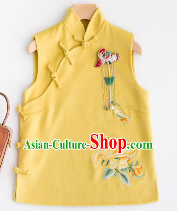 Traditional Chinese National Costume Tang Suit Embroidered Yellow Woolen Waistcoat for Women