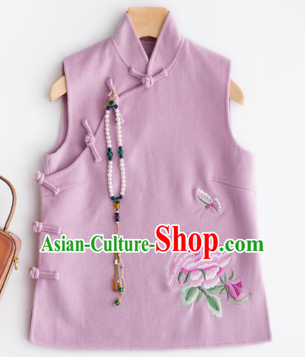 Traditional Chinese National Costume Tang Suit Embroidered Purple Woolen Waistcoat for Women