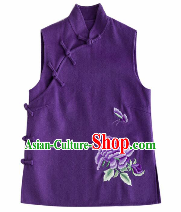 Traditional Chinese National Costume Tang Suit Embroidered Deep Purple Woolen Waistcoat for Women