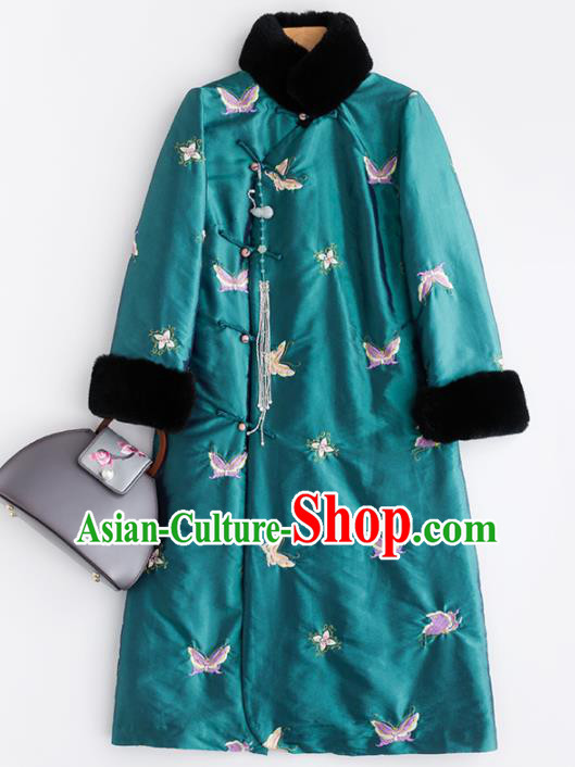 Chinese Traditional Costume National Tang Suit Embroidered Butterfly Green Coat Outer Garment for Women