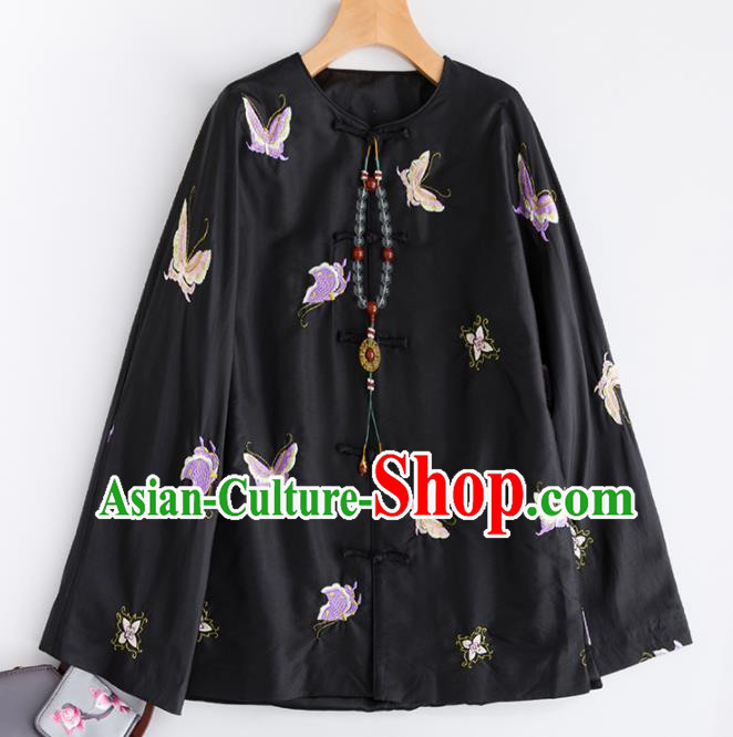 Chinese Traditional Costume National Tang Suit Shirts Embroidered Butterfly Black Blouse for Women