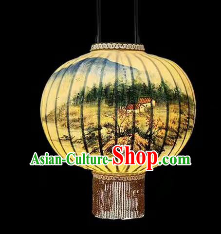 Chinese Traditional Ink Painting Landscape Round Lantern Handmade New Year Palace Lanterns