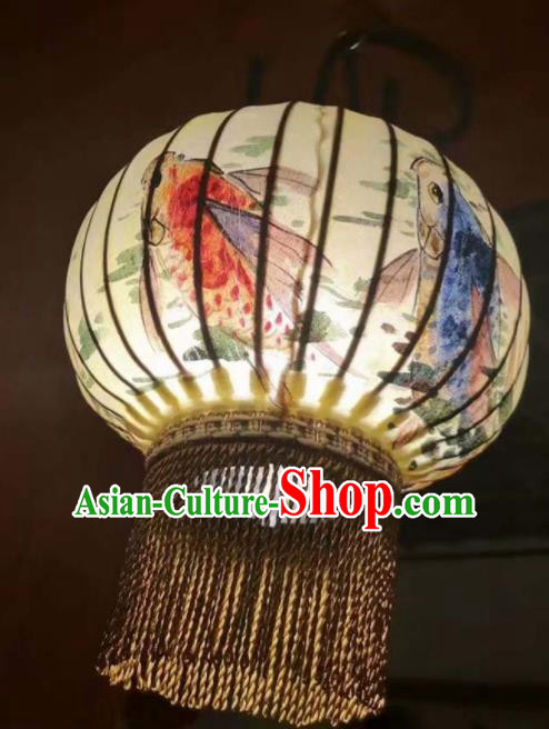 Chinese Traditional Ink Painting Fishes Round Lantern Handmade New Year Palace Lanterns