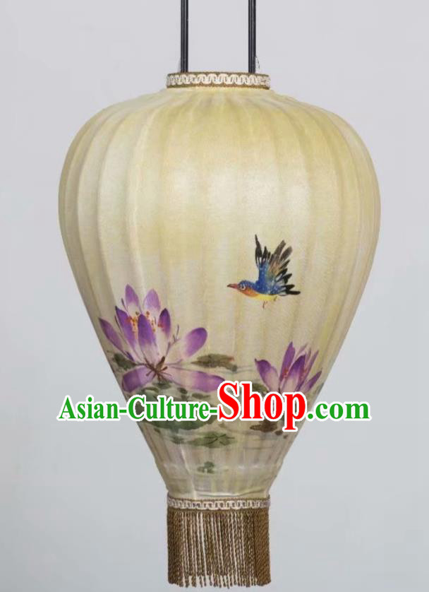 Chinese Traditional Ink Painting Lotus Hanging Lantern Handmade New Year Palace Lanterns