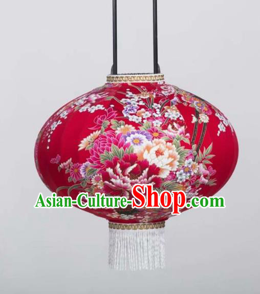 Chinese Traditional Printing Peony Red Round Hanging Lantern Handmade Craft New Year Palace Lanterns