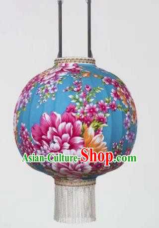 Chinese Traditional Printing Peony Blue Hanging Lantern Handmade Craft New Year Palace Lanterns