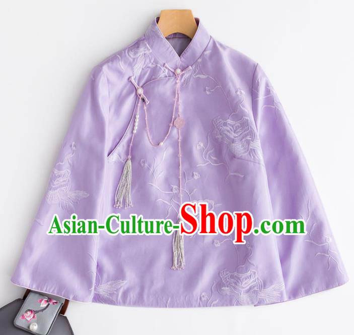 Chinese Traditional National Costume Tang Suit Outer Garment Embroidered Purple Blouse for Women