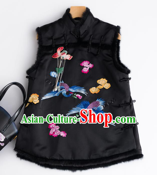 Traditional Chinese National Costume Embroidered Cranes Black Vest Tang Suit Waistcoat for Women