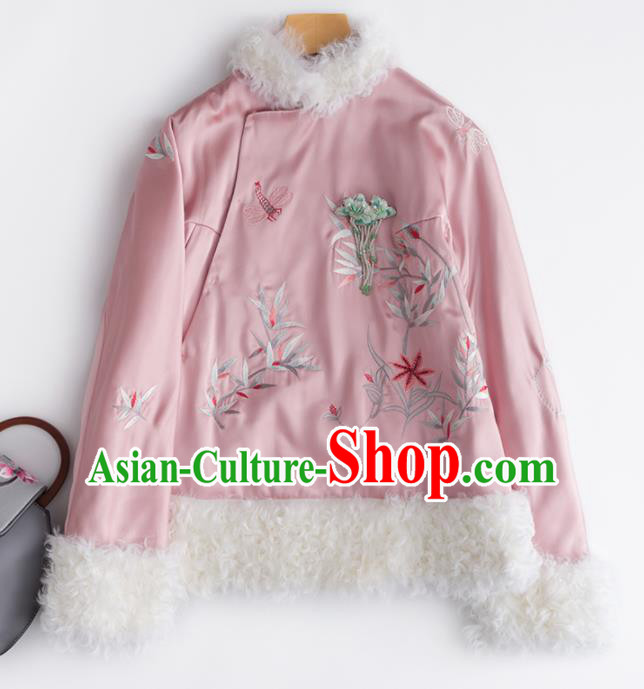 Chinese Traditional National Costume Tang Suit Outer Garment Embroidered Pink Short Coat for Women