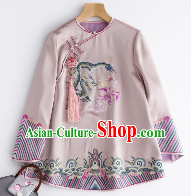 Chinese Traditional National Costume Tang Suit Upper Outer Garment Embroidered Pink Blouse for Women