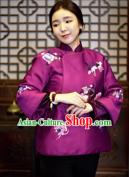 Chinese Traditional Costume National Tang Suit Purple Cotton Padded Jacket Outer Garment for Women