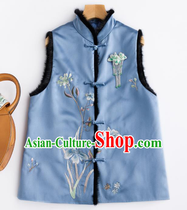 Traditional Chinese National Costume Blue Vest Tang Suit Waistcoat for Women