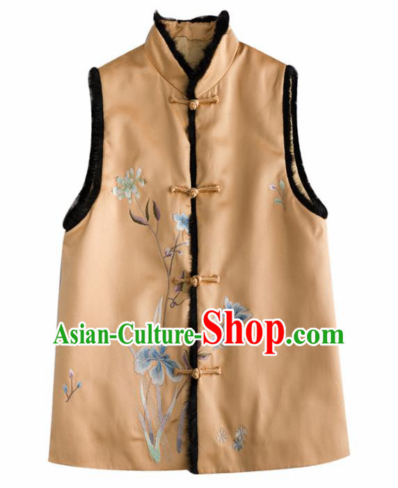 Traditional Chinese National Costume Yellow Vest Tang Suit Waistcoat for Women