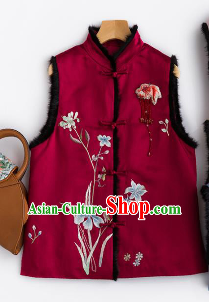 Traditional Chinese National Costume Wine Red Vest Tang Suit Waistcoat for Women